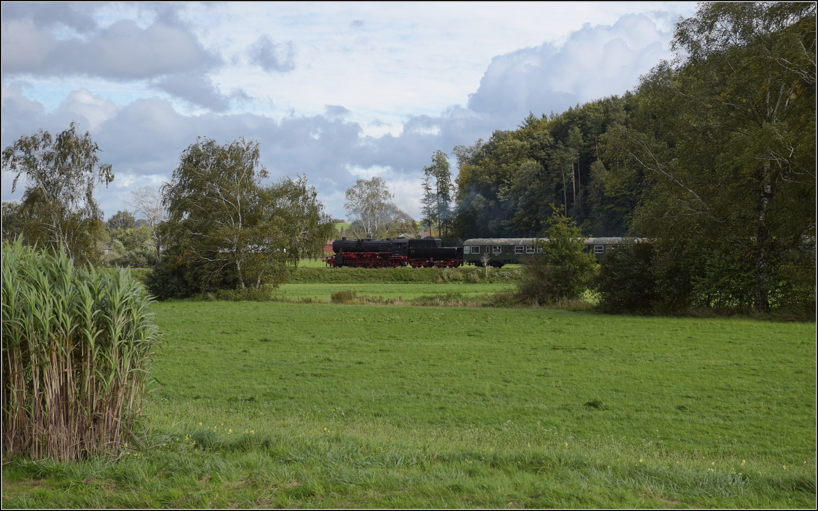 Schienenverkehr am Schienerberg. 

52 7596 mit ihrem EFZ-Sonderzug für die SEHR & RS bei Arlen. Oktober 2022.