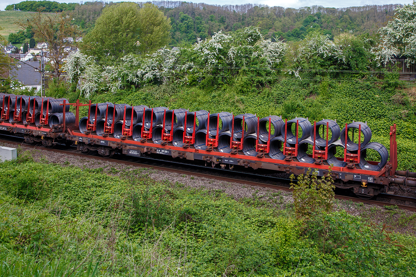 Vierachsiger Drehgestell-Flachwagen mit speziellem Ladegestell für Drahtrollen, 31 80 3911 616-1 D-DB der Gattung Rs-y 667, der DB Cargo Deutschland AG, am 28.02.2018 im Zugverband bei einer Zugdurchfahrt durch Koblenz-Moselweiß, hier beladen mit Stahldrahtrollen.

Die zur Aufarbeitung nach 25 Jahren Einsatzzeit anstehenden Res 687 standen auch für den Umbau zu Rs-y 667 bereit. Die Wagen sind bereits seit Beginn ihres Einsatzes unter anderem für den Transport von Drahtrollen im Einsatz. Einerseits um den Ladevorgang zu optimieren und andererseits die Ladungssicherung zu erhöhen, sind mehrere Versuche mit Gestellen für Stahldrahtrollen durchgeführt worden. Zuerst wird im Jahre 2003 im DB Werk Paderborn ein Schiebeplanen-Wagen der Gattung Rilns 654 mit solchen Gestellen zu einem Ril(n)s-y 649 umgerüstet, 2004 entsteht der Rs-y 667 durch Umbau aus Res 687, ebenfalls in Paderborn. Es ist eine Serie von 300 Wagen geplant. Die Bordwände und Drehrungen werden entfernt, hohe Stirnrungen und ein Ladegestell mit 12 verschiebbaren Doppelrungenpaaren werden als ein festes Element auf dem Wagenboden verankert. Das zulässige Zuladungsgewicht vermindert sich dadurch um etwa 3 Tonnen.

Die Ladegestelle verfügen über jeweils13 holzverkleidete Mulden, die die untere
Lage der Drahtrollen aufnehmen. Weitere 12 Rollen können gesattelt auf der ersten Lage verladen werden. In Querrichtung wird die Ladung durch12 individuell von Hand verschiebbare Doppelrungenpaare gesichert. Die Drahtrollen können einen Außen-Ø  bis zu 1,25 m und eine Breite bis zu 2,0 m  besitzen.
.
TECHNISCHE DATEN:
Spurweite: 1.435 mm (Normalspur)
Anzahl der Achsen: 4 in 2 Drehgestellen
Länge über Puffer: 19.900 mm
Drehzapfenabstand: 14.860 mm
Achsabstand in den Drehgestellen: 1.800 mm
Eigengewicht: 26.820 kg
Höhe Fußboden: 1.238mm
Maximale Ladegewicht: 53 t (ab Streckenklasse C)
Höchstgeschwindigkeit: 100 km/h 
Kleinster befahrbarer Gleisbogenhalbmesser: R 35 m
Bremse: KE-GP (LL)
Bremssohle: IB 116
Intern. Verwendungsfähigkeit:  RIV
