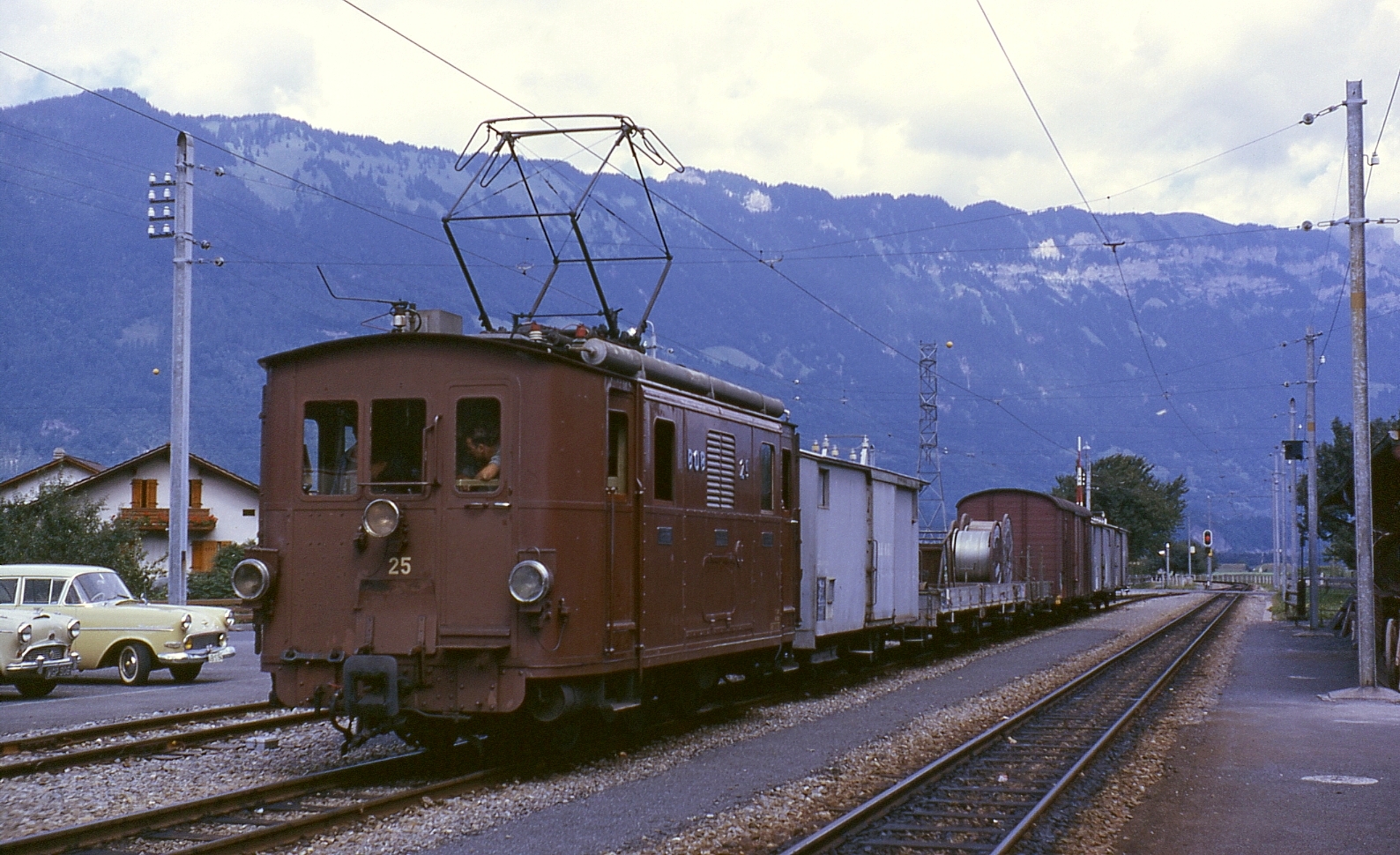 Wilderswil station with a BOB locomotive and goods train.  Taken in August 1962