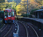Der Nankai-Konzern, Partnerbahn der MOB: eine Station in Herbstfahrben. Zweiwagenzug 2304 in Shimo Kosawa, unterwegs zum Kôya-san. 5.November 2022 