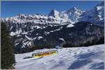 Was für ein Panorama: Eiger, Mönch und 'Jungfrau'! Der BLM Be 4/6 103 'Jungfrau' ist als R66 auf der Fahrt von Mürren nach Grütschalp. 

18. Februar 2018