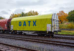   Vierachsiger Drehgestell-Flachwagen mit verschiebbarem Planenverdeck und Lademulden für Coiltransporte, 31 80 4777 705-7 D-GATED, der Gattung Shimmns, des Wagonvermieters GATX Rail (General