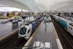 Der dreiteilige, 3-System Stadler FLIRT³ Triebzug 550 (94 84 4 040 550-x NL-AN) der Arriva Personenvervoer Nederland steht am 21 Oktober 2025 im Bahnhof Liège Guillemins (Lüttich-Guillemins), als Dreiländerzug / Drielandentrein / Train des trois pays bzw. RE18 / S 43 (LIMAX - Liège-Maastricht-Aachen-Express (Lüttich über Maastricht nach Aachen) zur Abfahrt bereit. 