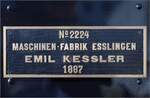 DVZO Dampffest 2017.

Fabrikschild der E 3/3 4 'Schwyz' mit Nr. 2224 der Maschinen-Fabrik Esslingen, Emil Kessler, 1887. Oktober 2017.