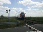 Mit Steuerwagen voraus kommt 143 566 mit einer RegionalBahn kurz vor dem Bahnhof Teutschenthal angefahren am 4.6.15