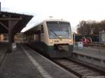 PRESS 650 032-4 musste den Betrieb einstellen auf Grund von umgestrzten Bume zwischen Putbus & Bergen auf Rgen / hier steht der Triebwagen abgestellt im Bahnhof Putbus um kurz nach 7 am Morgen des