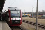640 121 mit 640 122 der Hanseatischen Eisenbahn mit ziel Stendal Hbf im Bahnhof Rathenow am 9.3.24