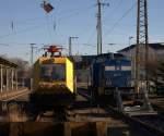 Ein Oberleitungsrevisionsfahrzeug abgestellt neben der PRESS  204 031 -1 in Riesa  13.12.2013 11:41 Uhr