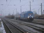 Von einem kurzen Schneeschauer lie� sich der PRESS Eurorunner 253 015 bei den Rangieren,am 13.Januar 2014,in Bergen/R�gen nicht st�ren.