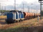 Mit einem Schotterzug standen die EGP 212 272 und 212 314,am 03.September 2015,Abend`s in Bergen/R�gen.