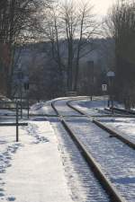 Die s�dwestliche Ausfahrt des Bahnhofes Pulsnitz (Sachsen) 06.02.2013 15:07 Uhr