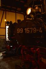 Blick auf die Fronten der 99 579 und 99 759 in Rittersgr�n am 23.10.2015