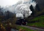 Die Lok  Speyerbach  des Eisenbahnmuseum Neustadt war am 30.11.2014 mit einem Sonderzug auf dem Kuckucksb�hnel bei Franckeneck unterwegs.