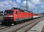 Nur von Binz bis Stralsund bespannte 120 137,am 28.April 2013 den EC 379 Binz-Brno.Hier beim Halt in Bergen/R�gen.