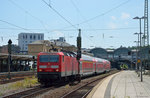 143 166 bei der Ausfahrt mit der RB75 nach Wiesbaden am 07.07.2016 aus Mainz Hbf.