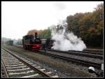 99 608 dampfte sich neben 99 594 in Putbus am 13.Okt.2013 ein.