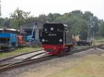 Nach der Schwerstarbeit,99 4011 mußte ohne zweite Lok den P 107 von Lauterbach Mole nach Putbus schieben,kehrte die Lok,am 28.Juli 2014,zur wohl verdienten Pause in die Putbuser Einsatzstelle.
