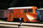 Der neue alte Schneepflug der RüBB stand am 27.07.2014 in der Putbusser  Abstellanlage 