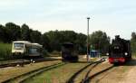 W�hrend 99 783 wieder optisch einer Dampflok entspricht und im Putbusser Museum stand f�hrt der 650 032-4 am 02.08.2014 in Putbus ein