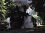 99 5906-5 und 99 5902 donnern mit dem Traditionszug am Haken aus dem Bahnhof Schierke am 13.08.2014 raus