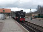 99 4633(Mh53)kam,am 29.März 2015,ohne Dampf in den Bahnhof Putbus gerollt.