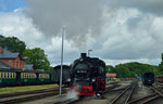 99 1781-6 rückte am 18.07.2016 aus dem Putbusser BW aus zu ihrem Zug.