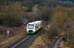 Süd-Thüringen-Bahn VT 127 und VT 117 kamen am 10.1.2015 aus Gehlberg Bergab gerollt und werden den Bahnhof Gräfenroda bald erreichen.Ihr Ziel ist Erfurt HBF.