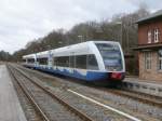 Die beiden UBB-Triebwagen 646 102 und 646 111 hielten,am 16.Februar 2014,in der Station Buddenhagen wo zum Zeitpunkt meiner Aufnahme Niemand ein-und ausstieg.