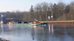 Binnenschiff AGT 06 aus Stettin im Oder - Havel - Kanal bei Marienwerder am 14.02.15_1430 Uhr - Interessant war,   dass die Bugwelle bereits 500 m vor dem Schiff das Eis gebrochen hat.