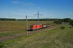Ein kurzer �bergabezug mit 249 007 (im Dieselmodus) und zwei offenen G�terwagen rollt s�dlich des kleinen Orts Nudow in Richtung Saarmund.