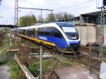 Eine Doppeltraktion aus dreiteiligen Talent-Dieseltriebwagen der NordWestBahn ist am 25.04.2008 auf dem Weg von Essen nach Borken im Bahnhof Gladbeck-West unterwegs.