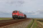 218 344 und 218 832 erreichen soeben mit einem  Sylt-Shuttle bei Morsum die Insel Sylt.