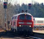 218 389-5 und 363-0 mit dem IC 2314(Köln-Westerland) bei der Einfahrt in den Bhf von Husum.