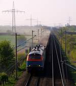 NBE 225 006-6 und 002-5 mit dem leeren Dünger-Kalk-Zug(42 Eaos Wagen des EVU's BUVL)beim  abstauben  aus Jübek aufgenommen von der  Säufer -Brücke bei Lürschau/Jübek.