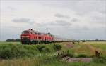 218 473 und 218 385 mit dem IC 2314 Köln-Westerland (Sylt) am 28.06.20 am Bü Triangel in der Nähe von Niebüll.