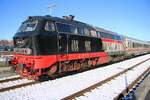 DB 218 497 verlasst am 14 Februar 2026 Nieb�ll mit einer IC nach Itzehoe und Hamburg.