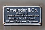   Fabrikschild der Gmeinder 5044 eine ehemalige Diesel-Lokomotive der Bundeswehr  (Versorgungsnummer 2210-12-120-5653), am 05.07.2015 ausgestellt beim Erlebnisbahnhof Westerwald der Westerwälder
