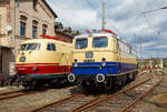 Die wunderschöne E 10 1239 / 110 239-1 (91 80 6 110 239-1 D-LCDB, ex DB E 10 239, im Ablieferzustand der Rheingold Farben Beige/Kobaltblau und die  wunderschöne 103 226-7 (91 80 6103 226-7 D-DB) in den TEE-Farben purpurrot/elfenbein, am 23 April 2017 im Südwestfälischen Eisenbahnmuseums in Siegen. Beide Loks sind Eigentum der DB und werden vom Lokomotiv - Club 103 e. V. betreut und sind in Siegen untergestellt.