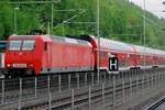 S-Bahn mit 145 043 steht am verregneten 2 Mai 2011 in Bad Schandau.