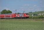 BR 146/699528/auslaufmodell-am-oberrhein-146-229-im Auslaufmodell am Oberrhein. 146 229 im Europaparkkleid mit Dostozug nach Basel. Auggen, Mai 2020.