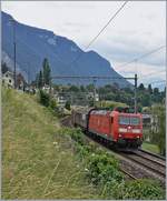 Neuerdings befördert eine DB 185 den Novelis-Güterzug, hier die DB 185 134-4 kurz nach Villeneuve auf der Fahrt nach Göttingen.