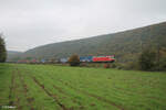 185 009-8 zieht bei Wernfeld ein langen gedeckten Güterzug in Richtung Norden.