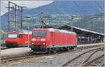 Die DB 185 104-7 verlässt als Lokzug den Bahnhof von Brig. 

12. Sept. 2024