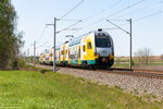 ET 445.108 (445 108-4) ODEG - Ostdeutsche Eisenbahn GmbH als RE4 (RE 63911) von Rathenow nach Ludwigsfelde in Nennhausen. Das ist der erste umgebaute grün-gelbe KISS der ODEG für das Pilotprojekt “Rad im Regio“. 05.05.2016