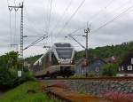   Der ET 22003  Essen  ein 2-teiliger Stadler Flirt der Abellio Rail NRW am 30.05.2014 als RB 91  Ruhr-Sieg-Bahn   Hagen - Finnentrop - Kreuztal - Siegen, hier kurz vor dem  Bahnhof Siegen-Weidenau