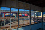   Am 24.08.2019 beim alljährliche Lokschuppenfest im Südwestfälischen Eisenbahnmuseum in Siegen:  Ein Blick aus dem Steuerhaus der Drehscheibe auf den Ringlokschuppen, hier stehen (von