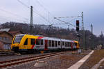 Der VT 505 (95 80 1648 105-2 D-HEB / 95 80 1648 605-1 D-HEB), ein Alstom Coradia LINT 41 der neuen Generation / neue Kopfform, der HLB (Hessische Landesbahn GmbH) hatte am 25.03.2021, als RB 93