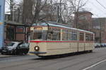 Gelenktriebwagen des Typs G4.(Wagen1)stand am 17.12.2016 in der Haltestelle Rostock Doberaner Platz.