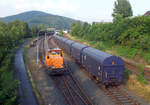 Die KSW 31, eine MaK G 763 C der Kreisbahn Siegen-Wittgenstein GmbH, rangiert am 25 Juni 2008 in Herdorf auf dem KSW-Rangierbahnhof in Herdorf (Betriebsstätte FGE -Freien Grunder Eisenbahn)   