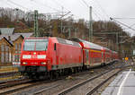   Die 146 005-4 (91 80 6146 005-4 D-DB) der DB Regio NRW erreicht am 16.03.2019, mit dem RE 9 (rsx - Rhein-Sieg-Express) Aachen - Köln - Siegen, den Bahnhof Betzdorf/Sieg.